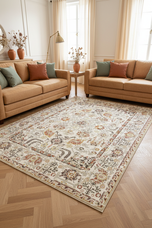 Tapis de Salon Oriental Ivoire et Multicolore — Motif Floral Classique — Grand Tapis Antidérapant