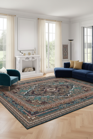 Tapis de Salon Oriental Bleu Canard et Brun — Motif Médaillon Ethnique — Grand Tapis Antidérapant