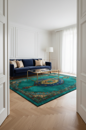 Tapis de Salon Oriental Turquoise et Or — Motif Médaillon Ornemental — Grand Tapis Antidérapant