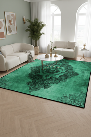 Tapis de Salon Oriental Vert Menthe — Motif Médaillon Dentelle Contrasté — Grand Tapis Antidérapant