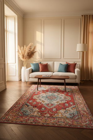 Tapis de Salon Oriental Rouge Corail et Bleu — Motif Médaillon Ethnique Coloré — Grand Tapis Antidérapant