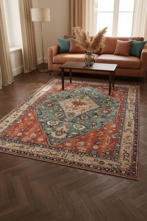 Tapis de Salon Oriental Terracotta et Bleu — Motif Médaillon Tribal Ethnique — Grand Tapis Antidérapant