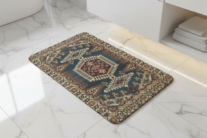 Tapis de Bain Oriental Bleu Canard et Bordeaux — Motif Médaillon Ethnique — Tapis de Salle de Bain Antidérapant