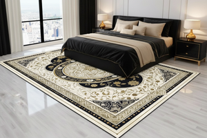 Tapis de Salon Oriental Noir et Doré — Motif Médaillon Luxe — Grand Tapis Antidérapant