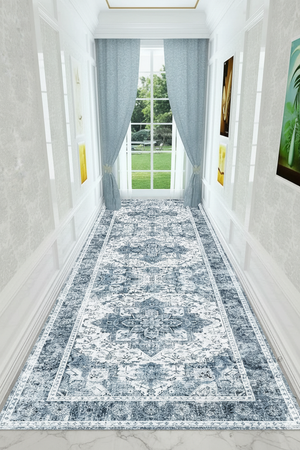 Tapis de Couloir Oriental Gris et Blanc — Motif Médaillon Vintage — Tapis Long Antidérapant