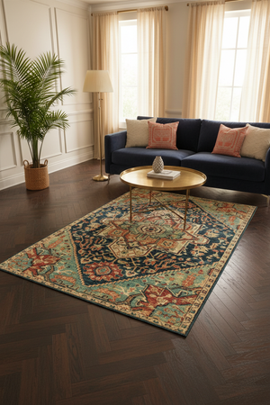 Tapis de Salon Oriental Bleu Marine et Corail — Motif Médaillon Losange Vintage — Grand Tapis Antidérapant