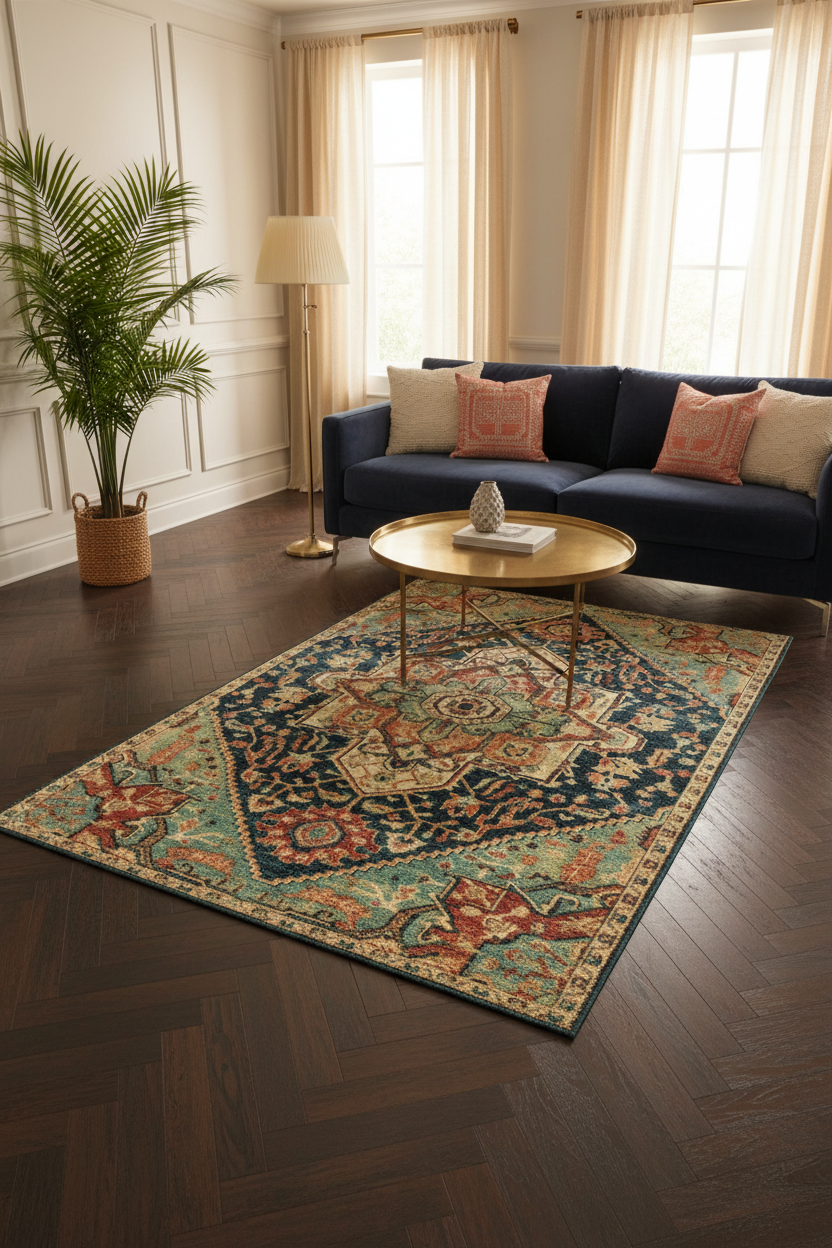 Tapis de Salon Oriental Bleu Marine et Corail — Motif Médaillon Losange Vintage — Grand Tapis Antidérapant