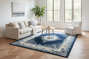 Tapis de Salon Oriental Bleu Marine — Motif Médaillon Floral Vintage — Grand Tapis Antidérapant