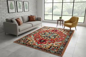 Tapis de Salon Oriental Rouge et Turquoise — Motif Médaillon Étoile Vintage — Grand Tapis Antidérapant