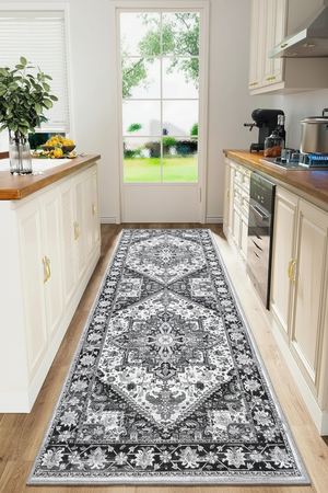 Tapis de Cuisine Oriental Long Gris et Blanc — Motif Médaillon Vintage — Tapis Antidérapant