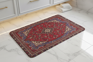 Tapis de Bain Oriental Rouge et Bleu — Motif Médaillon Ethnique — Tapis de Salle de Bain Antidérapant