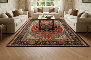 Tapis de Salon Oriental Rouge et Bleu Marine — Motif Médaillon Luxe — Grand Tapis Antidérapant
