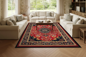 Tapis de Salon Oriental Rouge et Bleu Marine — Motif Médaillon Vintage — Grand Tapis Antidérapant