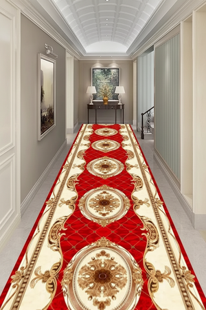 Tapis de Couloir Oriental Rouge et Or — Motif Médaillon Baroque — Tapis Long Antidérapant