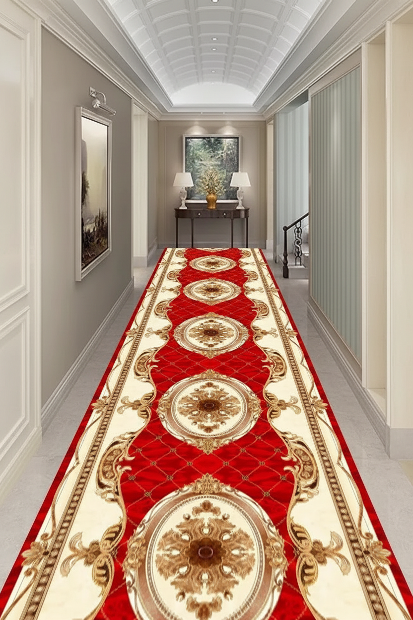 Tapis de Couloir Oriental Rouge et Or — Motif Médaillon Baroque — Tapis Long Antidérapant