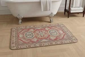 Tapis de Bain Oriental Rouge Corail et Bleu — Motif Médaillon Ethnique — Tapis de Salle de Bain Antidérapant