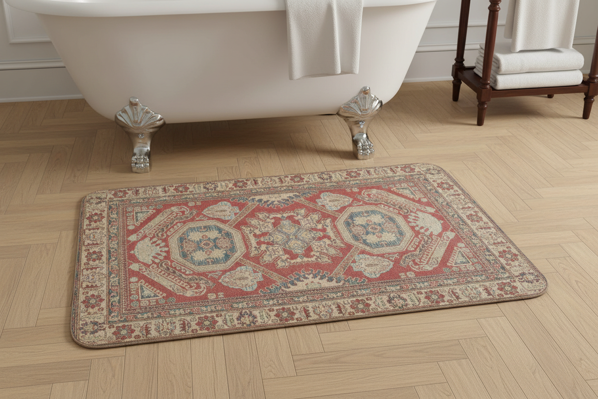 Tapis de Bain Oriental Rouge Corail et Bleu — Motif Médaillon Ethnique — Tapis de Salle de Bain Antidérapant