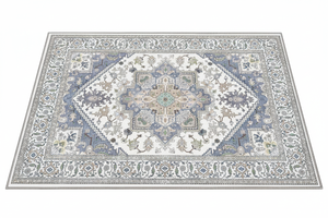 Tapis d'Entrée Oriental Ivoire et Bleu Pastel — Motif Géométrique Boho Ethnique — Tapis Antidérapant