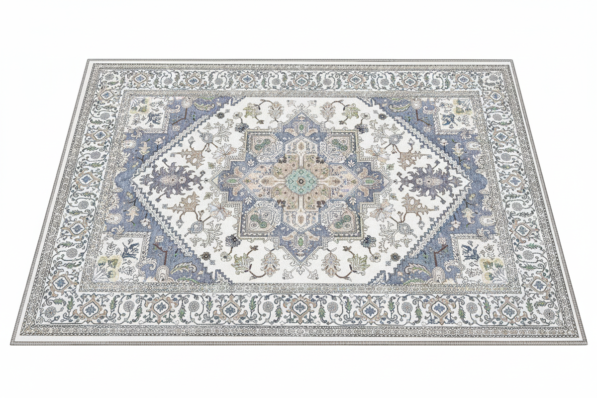 Tapis d'Entrée Oriental Ivoire et Bleu Pastel — Motif Géométrique Boho Ethnique — Tapis Antidérapant