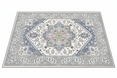 Tapis d'Entrée Oriental Ivoire et Bleu Pastel — Motif Géométrique Boho Ethnique — Tapis Antidérapant