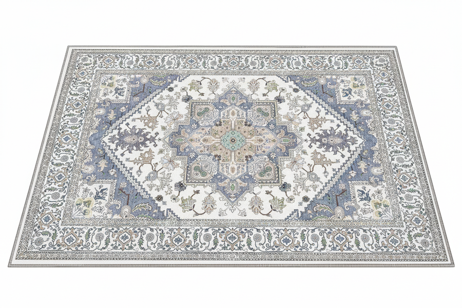 Tapis d'Entrée Oriental Ivoire et Bleu Pastel — Motif Géométrique Boho Ethnique — Tapis Antidérapant