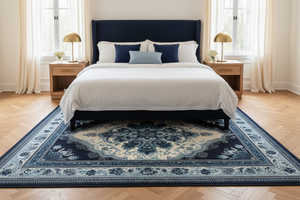 Tapis de Salon Oriental Bleu Marine et Bleu Ciel — Motif Médaillon Floral Élégant — Grand Tapis Antidérapant