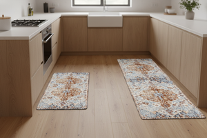 Tapis de Cuisine Oriental Terracotta et Bleu Pastel — Set 2 Pièces Motif Médaillon Vintage — Tapis Antidérapant