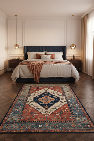 Tapis de Salon Oriental Terracotta et Bleu Marine — Motif Médaillon Tribal Ethnique — Grand Tapis Antidérapant