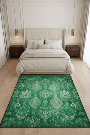Tapis de Salon Oriental Vert et Doré — Motif Floral Marbré Vintage — Grand Tapis Antidérapant