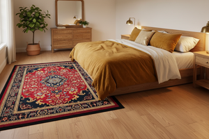 Tapis de Salon Oriental Rouge et Bleu Marine — Motif Médaillon Vintage — Grand Tapis Antidérapant