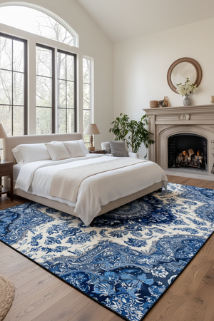 Tapis de Salon Oriental Bleu et Blanc — Motif Médaillon Floral Aquarelle — Grand Tapis Antidérapant