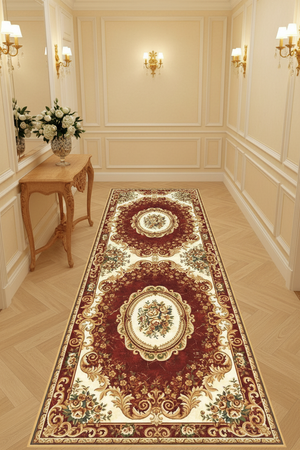Tapis de Couloir Oriental Bordeaux et Ivoire — Motif Aubusson Fleuri —  Tapis Long Antidérapant
