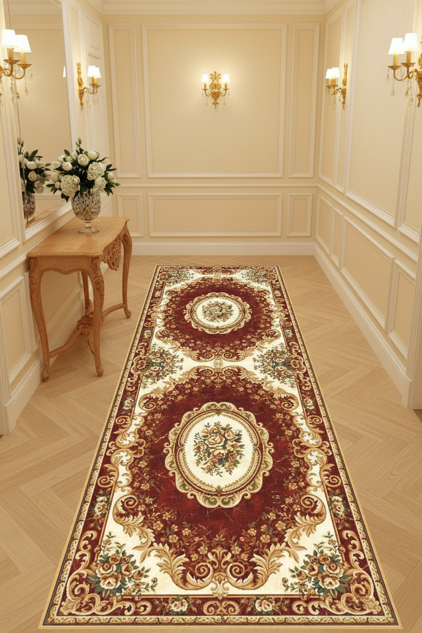 Tapis de Couloir Oriental Bordeaux et Ivoire — Motif Aubusson Fleuri —  Tapis Long Antidérapant