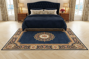 Tapis de Salon Oriental Bleu Marine et Doré — Motif Médaillon Floral Élégant — Grand Tapis Antidérapant