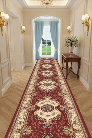 Tapis de Couloir Oriental Rouge et Ivoire — Motif Aubusson Fleuri — Tapis Long Antidérapant