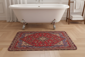 Tapis de Bain Oriental Rouge et Bleu — Motif Médaillon Ethnique — Tapis de Salle de Bain Antidérapant