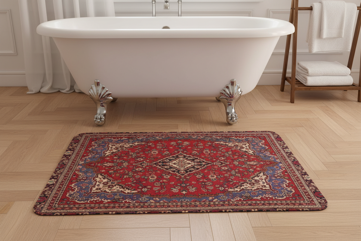 Tapis de Bain Oriental Rouge et Bleu — Motif Médaillon Ethnique — Tapis de Salle de Bain Antidérapant