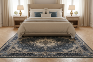 Tapis de Salon Oriental Bleu Marine — Motif Médaillon Floral Vintage — Grand Tapis Antidérapant