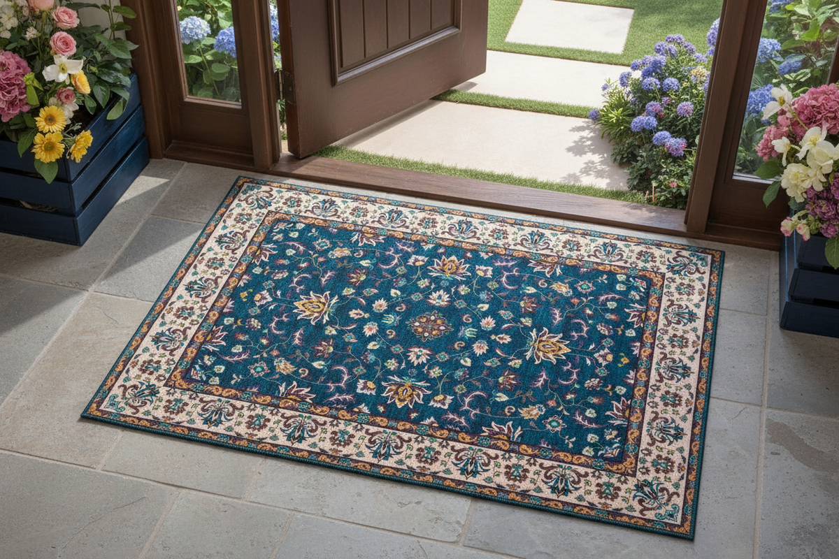 Tapis d'Entrée Oriental Bleu Canard — Motif Floral Géométrique Vintage — Tapis d'Entrée Antidérapant