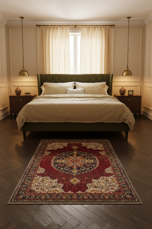 Tapis de Salon Oriental Rouge et Bleu-Vert — Motif Médaillon Rond Ornemental — Grand Tapis Antidérapant