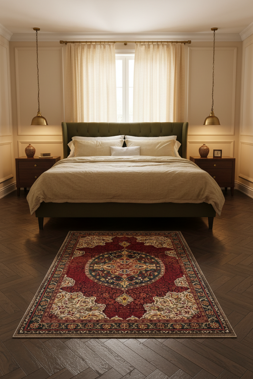 Tapis de Salon Oriental Rouge et Bleu-Vert — Motif Médaillon Rond Ornemental — Grand Tapis Antidérapant