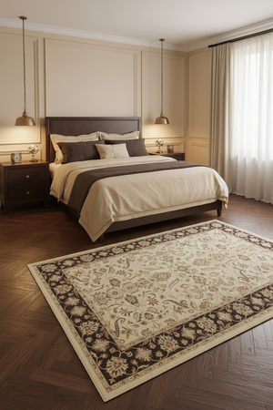 Tapis de Salon Oriental Ivoire et Marron — Motif Floral Classique — Grand Tapis Antidérapant