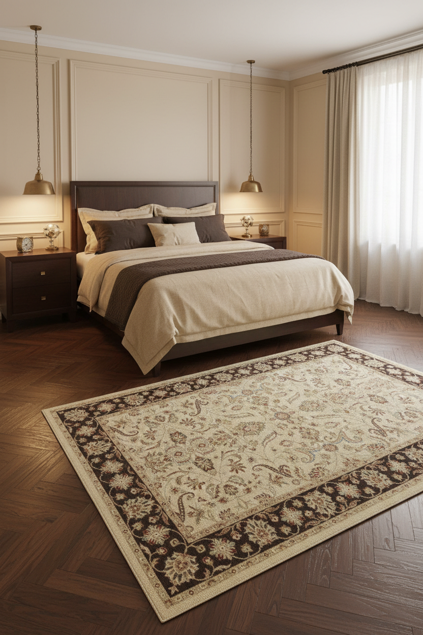 Tapis de Salon Oriental Ivoire et Marron — Motif Floral Classique — Grand Tapis Antidérapant
