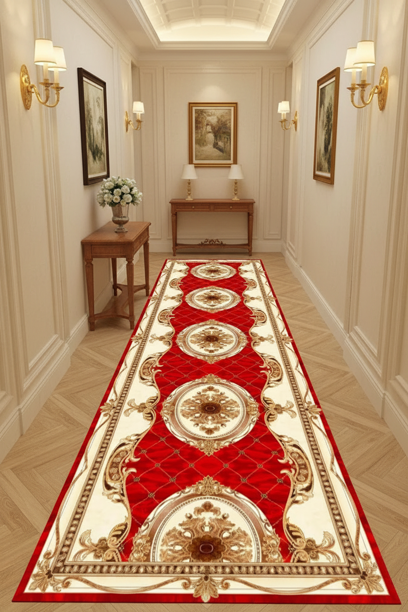 Tapis de Couloir Oriental Rouge et Or — Motif Médaillon Baroque — Tapis Long Antidérapant