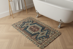 Tapis de Bain Oriental Bleu Canard et Bordeaux — Motif Médaillon Ethnique — Tapis de Salle de Bain Antidérapant