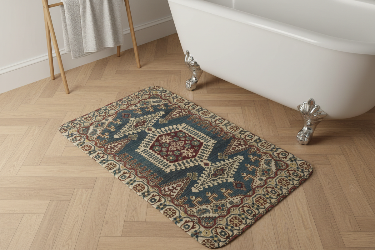 Tapis de Bain Oriental Bleu Canard et Bordeaux — Motif Médaillon Ethnique — Tapis de Salle de Bain Antidérapant