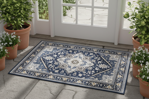 Tapis d'Entrée Oriental Bleu Marine — Motif Géométrique Boho Ethnique | Tapis Antidérapant