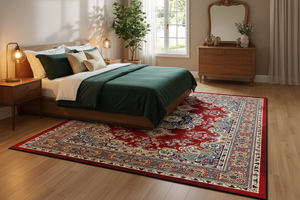 Tapis de Salon Oriental Rouge et Bleu Nuit — Motif Médaillon Fleuri Vintage — Grand Tapis Antidérapant