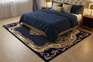 Tapis de Salon Oriental Bleu Marine et Or — Motif Médaillon Rond Ornemental — Grand Tapis Antidérapant