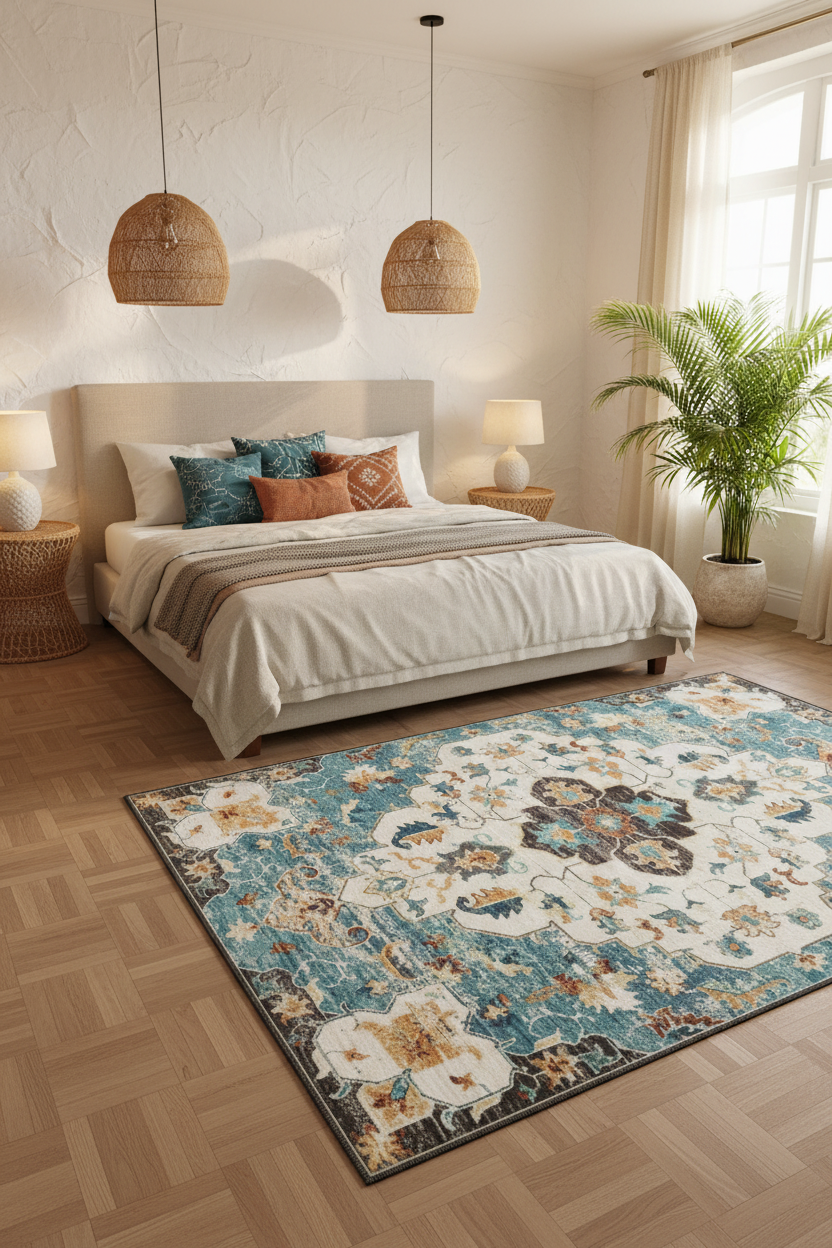 Tapis de Salon Oriental Turquoise et Multicolore — Motif Médaillon Floral Vintage — Grand Tapis Antidérapant